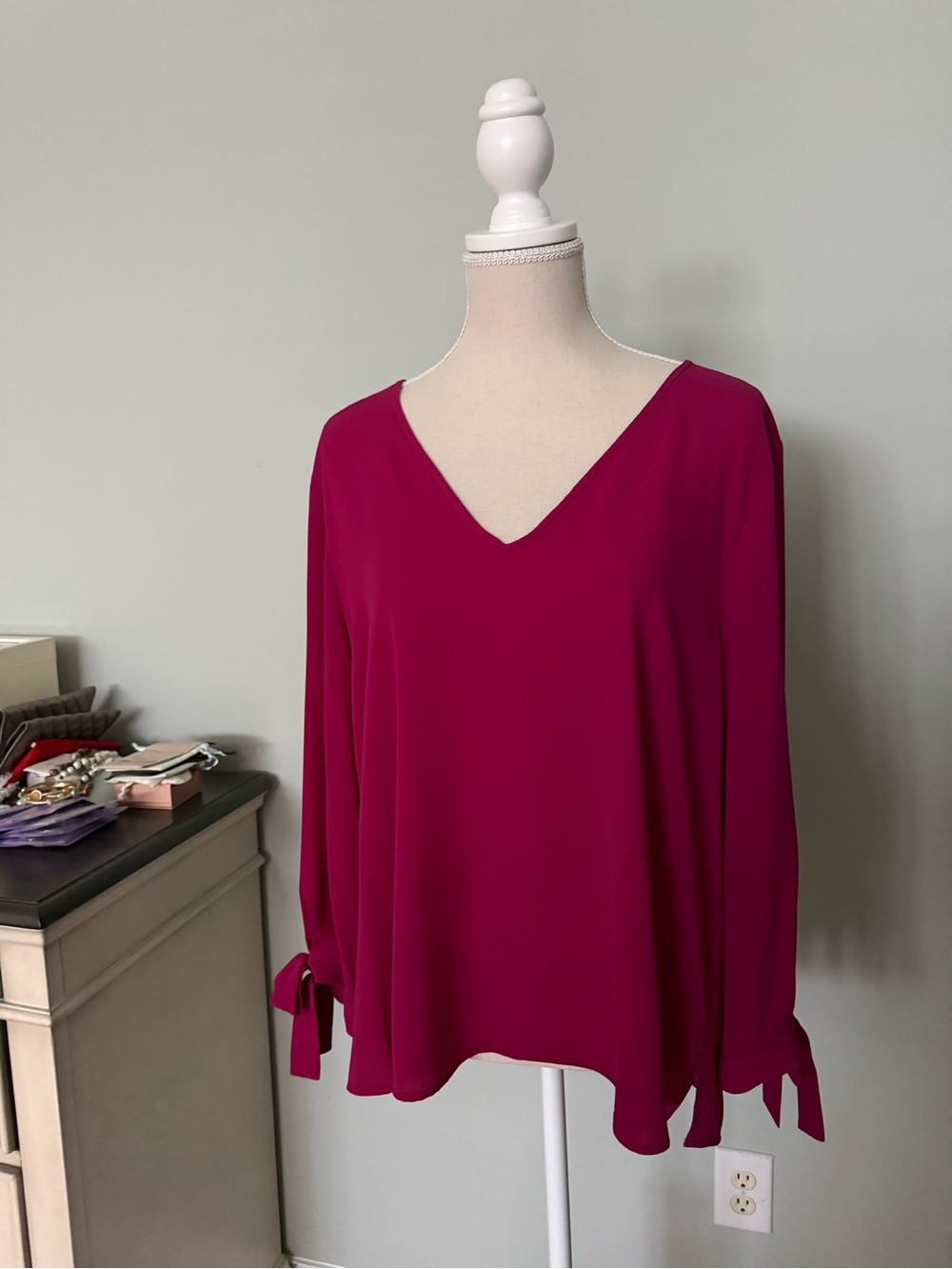 CeCe Deep Magenta V-Neck Long Sleeve Blouse